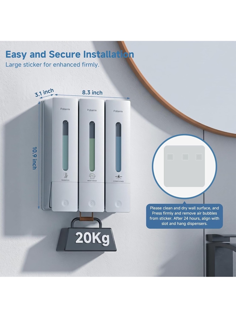Shampoo and conditioner dispenser - shower soap dispenser wall mounted no drill